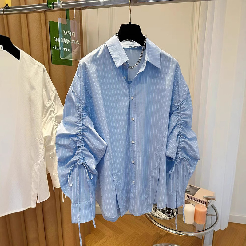 2026 New Design Niche Loose-Fitting Drawstring Blue Striped Shirt for Women Spring Outfit with Slit Hem Top