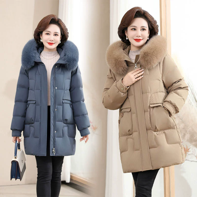Белый утиный пуховик женский 2024 зимний новый средний и пожилой женский толстый средний и длинный лиса шерстяной воротник мама одежда
