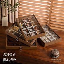 复古文玩多宫格首饰收纳盒手串木质胡桃木戒指耳饰钉透明翻盖防尘