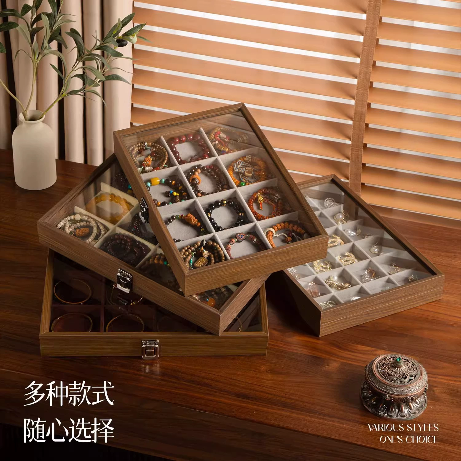 Ретро Wanwen Duigonge коробка для хранения ювелирных изделий ручной шнур из дерева грецкого ореха кольцо серьги гвоздь прозрачный откидной чехол для защиты от пыли