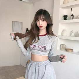 韩国高腰短款露脐上衣长袖灰色 T 恤女春秋季跳舞健身紧身显瘦内