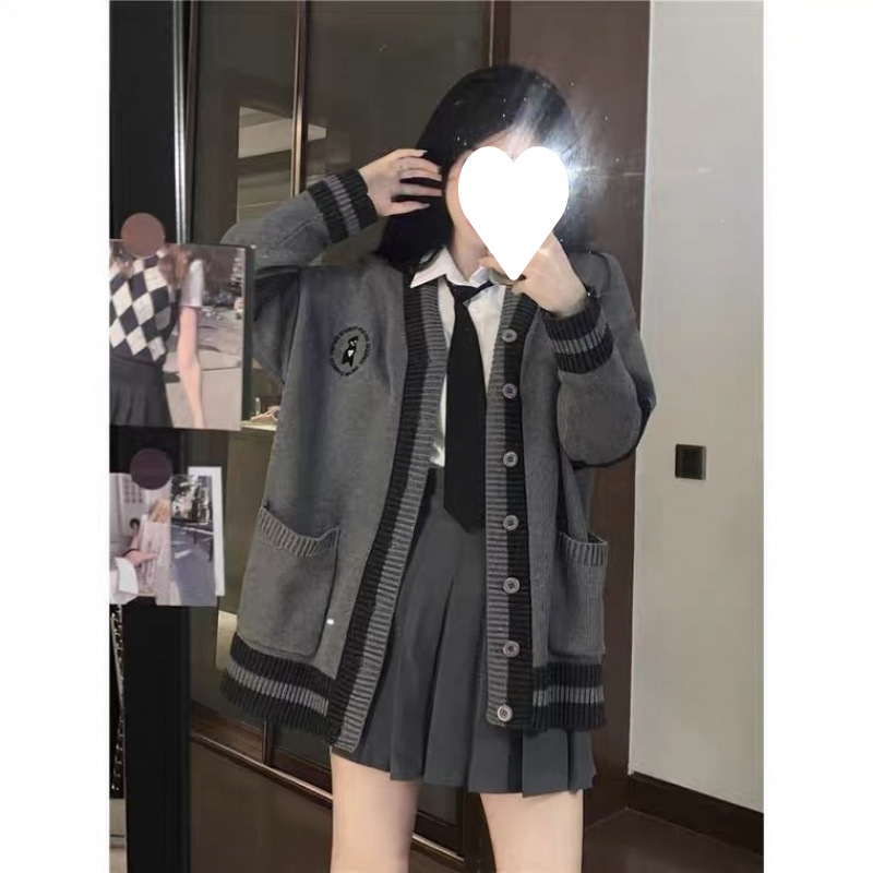 봄 가을 겨울 대학 스타일 회색 성숙한 MEILUN 게으른 스타일 니트 카디건 넥타이 셔츠 주름 치마