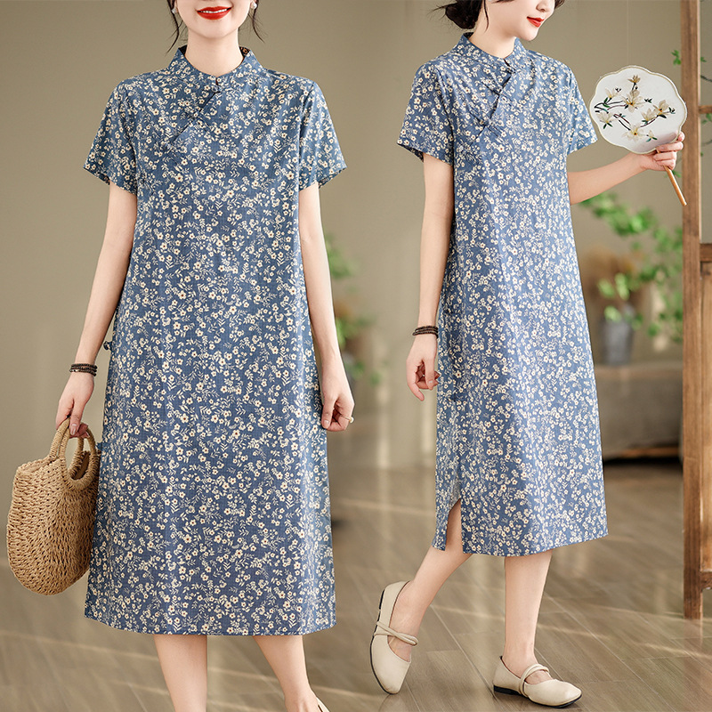 实拍复古中式改良旗袍2025夏休闲印花文艺宽松中长款连衣裙