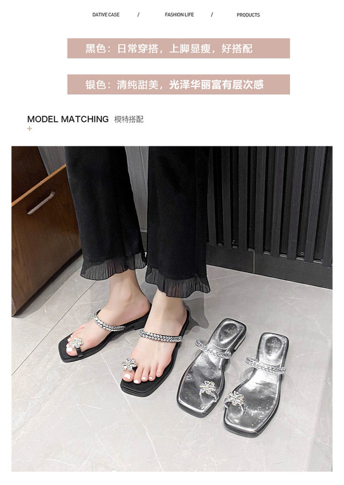 Dép sandal nữ mũi vuông đính đá, quai ngang bít mũi, đế bằng, đi ngoài trời mùa hè — Màu đen chi tiết 6