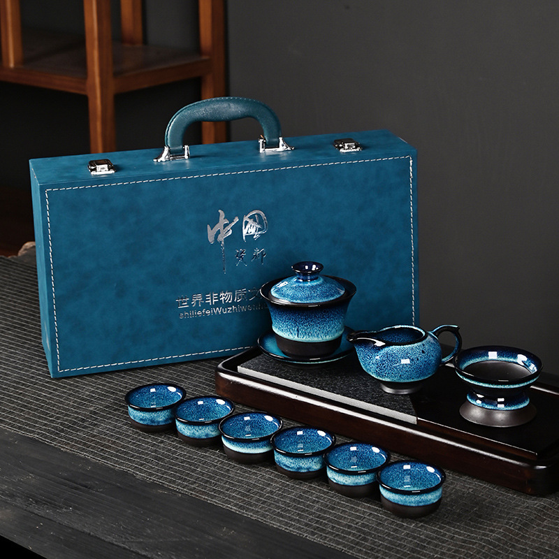 New Chinoiserie Complete Set of Kiln-Glazed Brushed Teapot Kung Fu Gift Set Tianmu Gift Box Tea Set Large Set Tea Cup Business