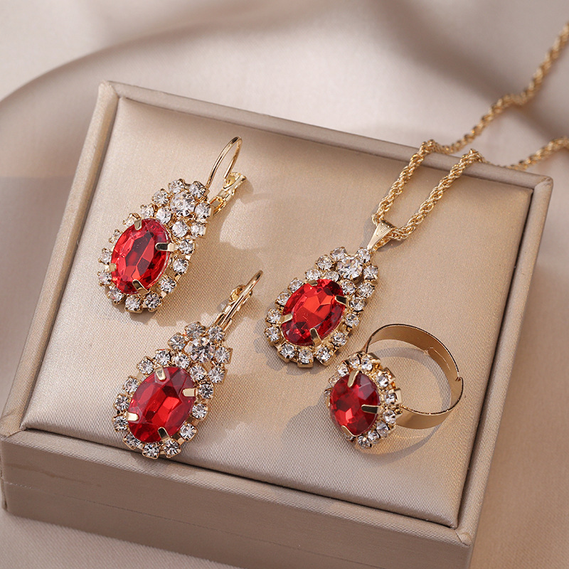 collana donna rete rosso zircone nicchia versatile orecchini ciondolo set metallo clavicola catena fabbrica_voghion.com