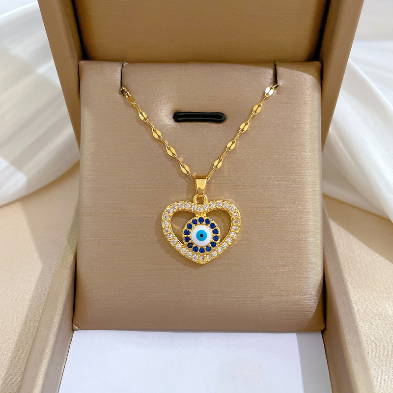 13g Weight Water Plating Gold Plating Process Retro Devil's Eye Heart Shape Titanium Steel Copper Inlay Artificial Gemstones Pendant Necklace