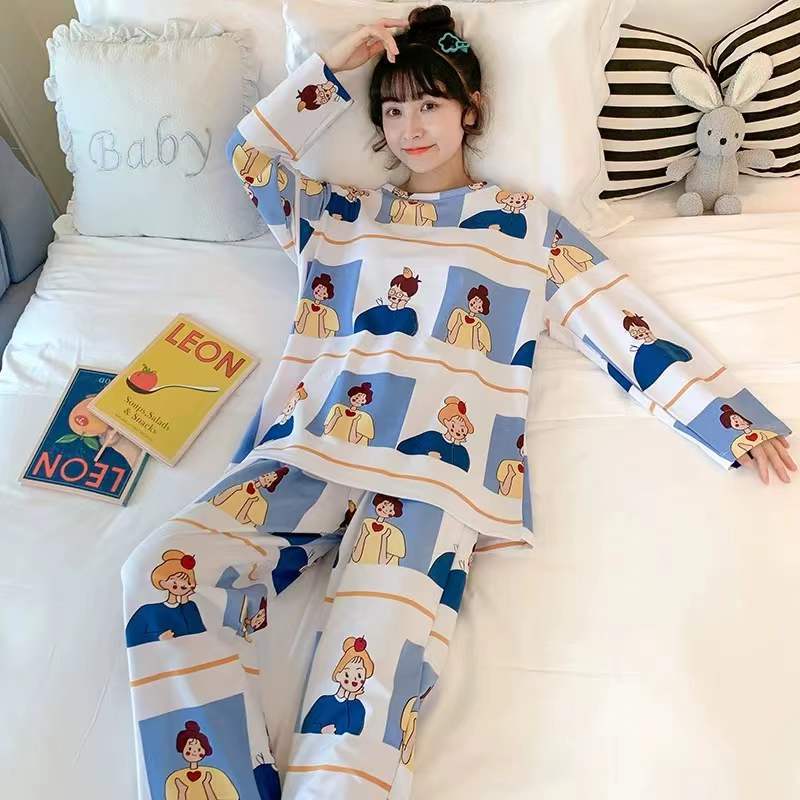 Pijama de manga larga de primavera y otoño simple coreano estilo de estilo avanzado joven suelto cuello redondo en casa otoño y invierno conjunto