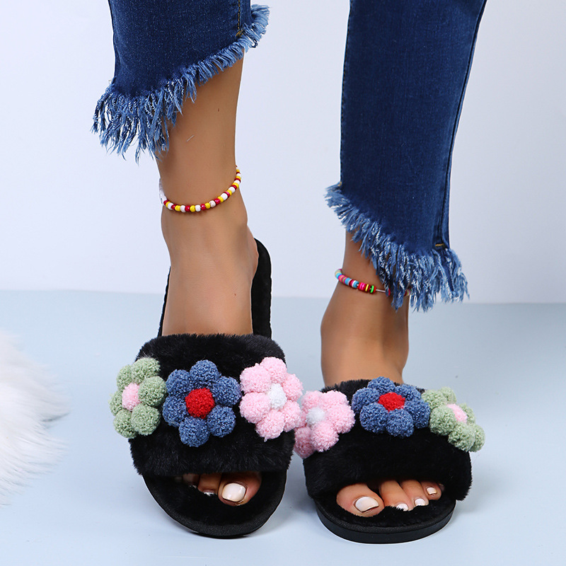 Flat-Bottomed Colorful Flowers Furry Slippers NSKJX104840