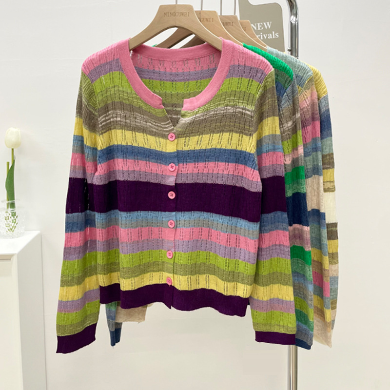 Cross-border European Color Knitted Sweater Cardigan Women's Spring New V-neck Hollow Striped Base Top Long-sleeved Sweater