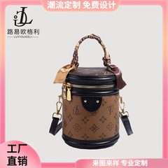 復古印花水桶包包女2023年新款潮圓形圓柱發財桶手拎外出手提女包
