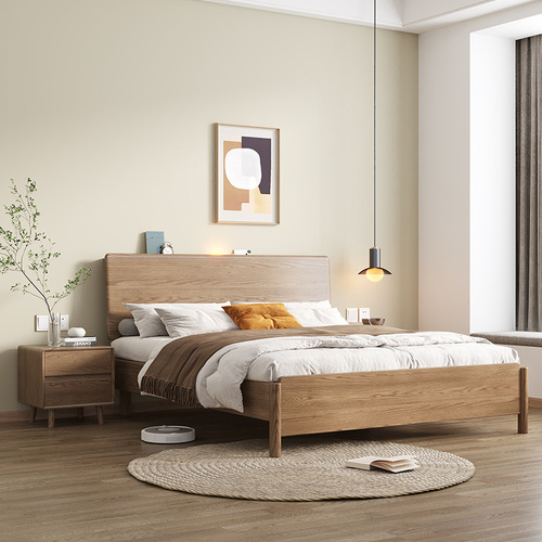 Nordic solid wood bed modern simple ash wood 1.8m single and double wedding bed 1.5m master bedroom high box storage bed