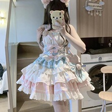 桔梗house初恋小熊少女小偶像感薄巧杏粉小熊主题轻纯欲蓬蓬裙