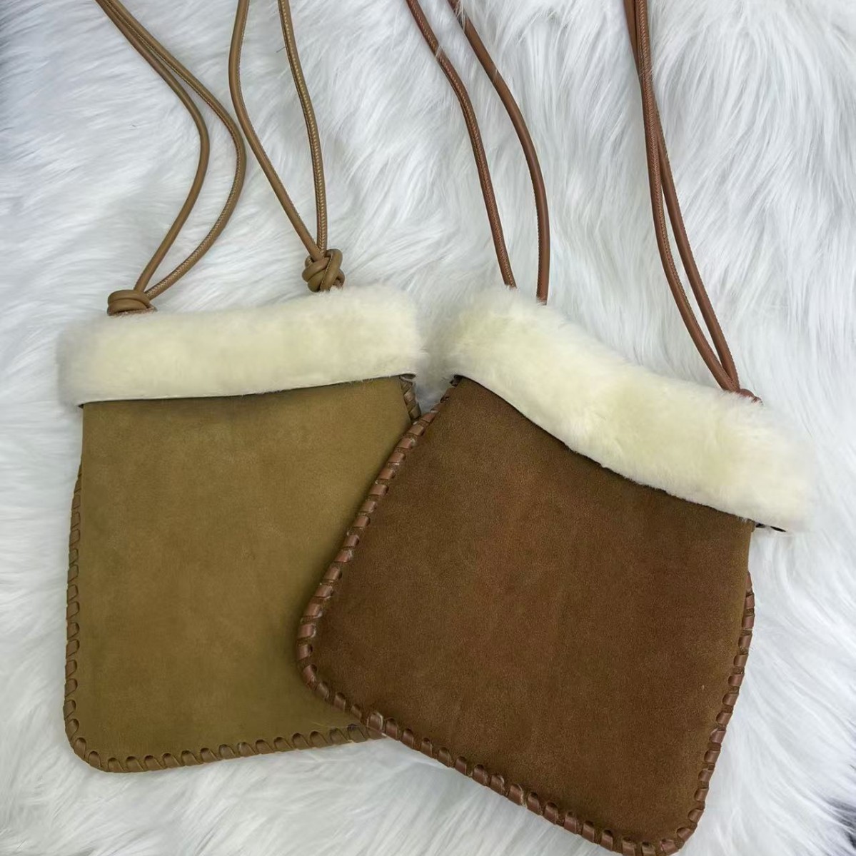 2024秋冬毛绒磨砂牛皮羊羔毛单肩斜挎包手套包真皮女包方包手提