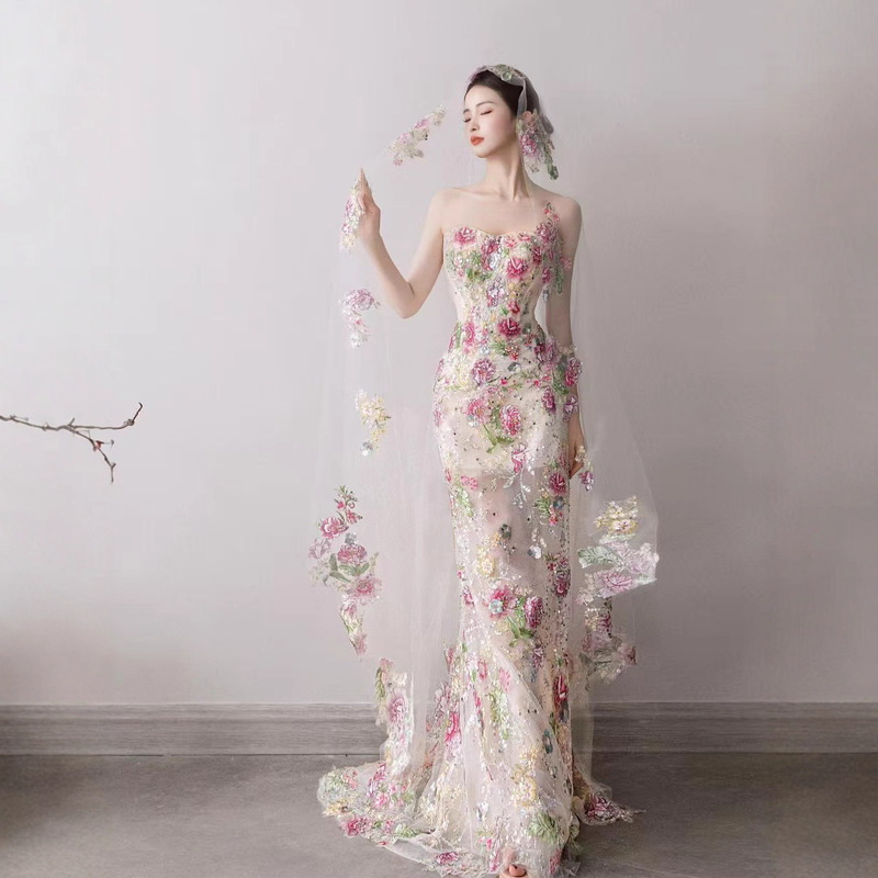 Cross-Border Foreign Trade European and American Retro Fashion French Fishtail Light Wedding Dress Evening Dress Heavy Bead Embroidery Lace Toast Dress for Women