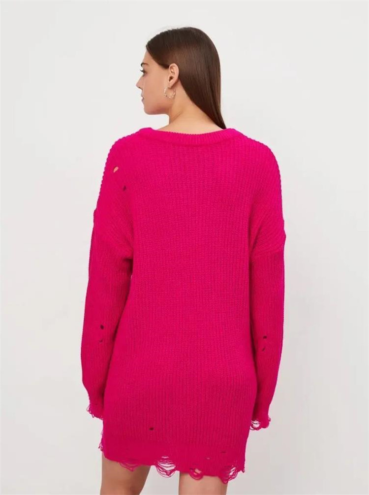 Maglione traforato ampio in tinta unita, lunghezza media, nuovo articolo autunno/inverno 2024, pullover girocollo, maniche lunghe_voghion.com