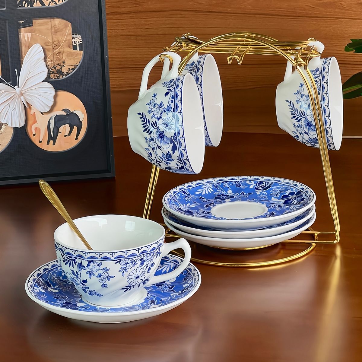 Conjunto de tazas y platos de café de porcelana azul, set de tazas y platos de café de cerámica, set de tazas y platos de café de la tarde, M cucharada de tazas y platos de desayuno