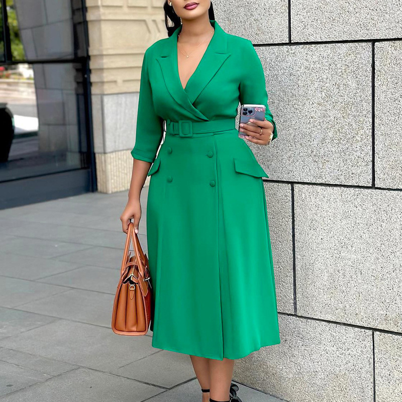 D3294 foreign trade women's fashion temperament double-breasted suit collar solid color dress long cross-border dress D3294 foreign trade women's fashion temperament double-breasted suit collar solid color dress long cross-border dress