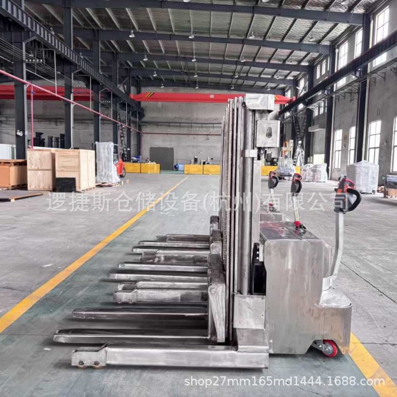 非标304不锈钢宽叉腿堆高车2吨全电动步行式液压装卸叉车堆垛车