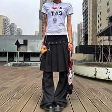 大码美式复古叠穿裙裤假两件一体女秋冬百褶裤裙西装黑色屁帘裤子