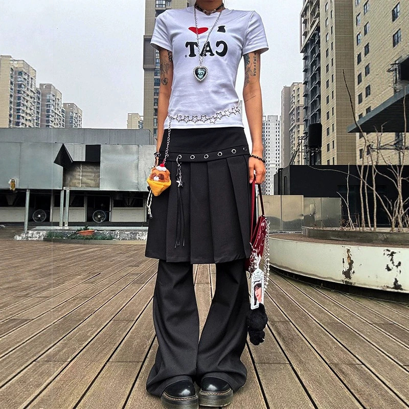 大码美式复古叠穿裙裤假两件一体女秋冬百褶裤裙西装黑色屁帘裤子