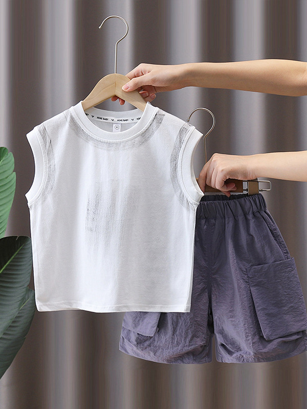 7372 Traje de verano para niños 2025 Nueva ropa sin mangas de verano Chaleco y pantalones cortos de dos piezas de verano