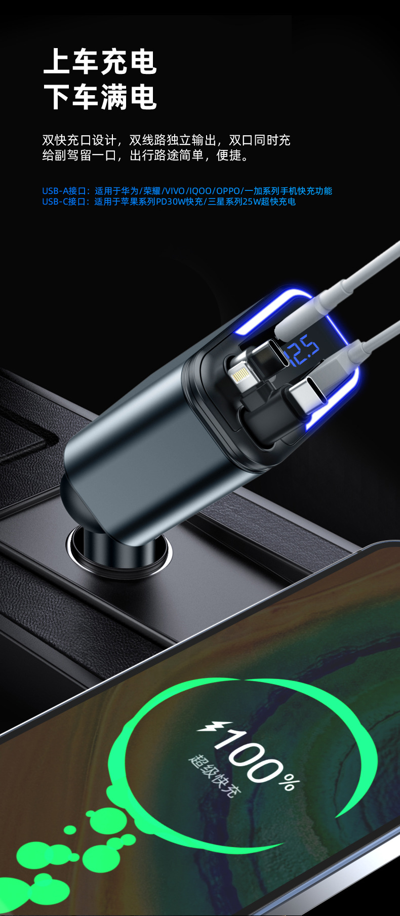180W Super Fast Charging Ambient Light Car Charger One to Five Comes with Retractable Cable Car Cigarette Lighter Converter
