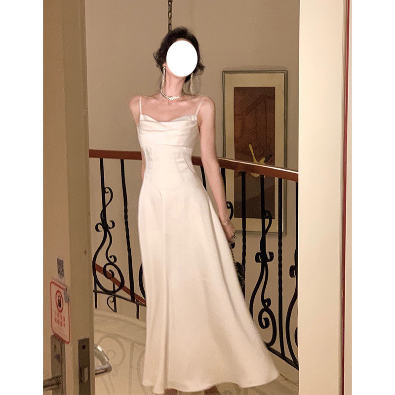 White Suspender Dress Women's New Satin Slim Waist Skirt French Evening Dress Long Skirt