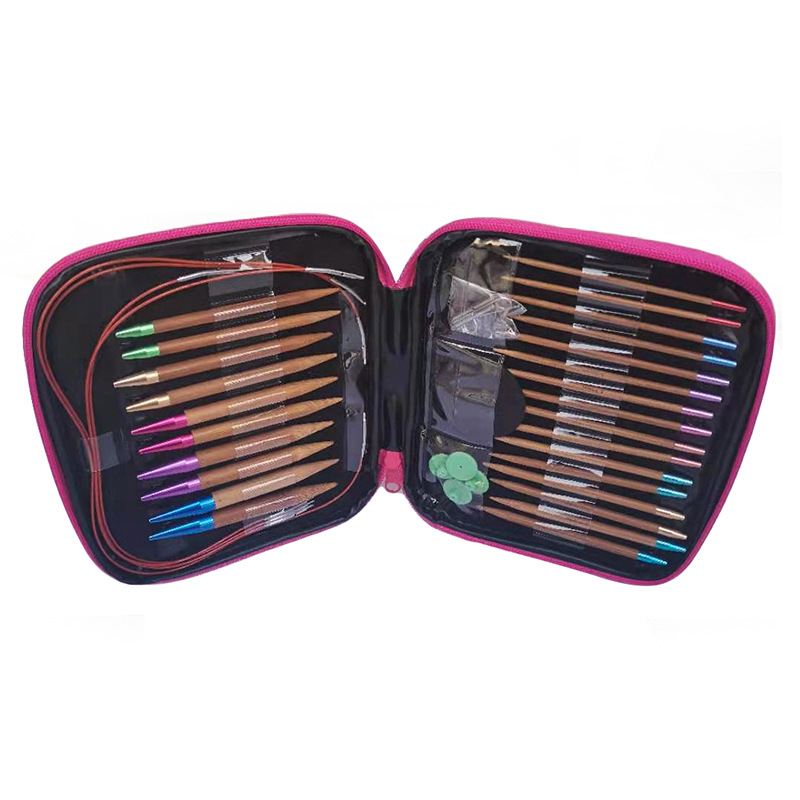 Herramienta de tejer suéter aguja anillo desmontable aguja color anillo de bambú carbonizado aguja conjunto de 13 pares de envases de La PU