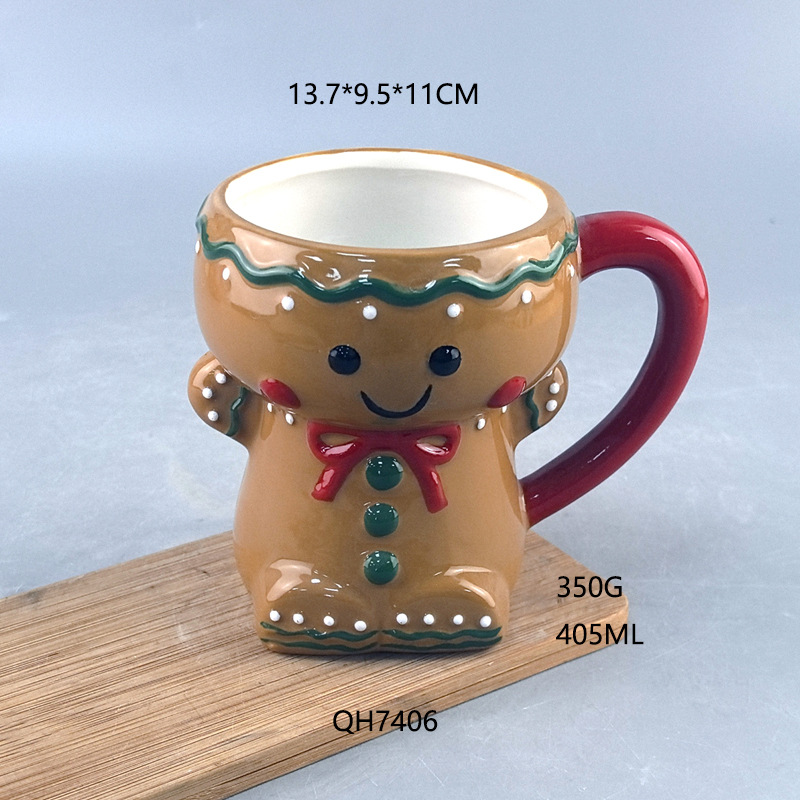 Spot Navidad lindo pan de jengibre hombre taza de cerámica decoración en relieve creativo taza de cerámica de dibujos animados de alto valor
