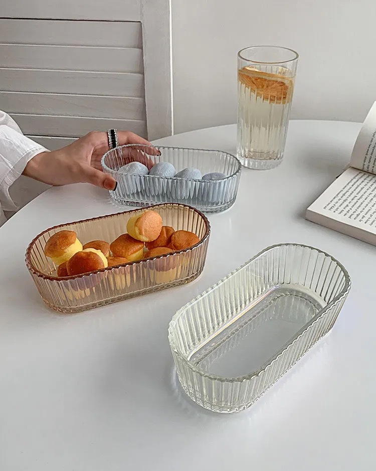 ins风竖条纹玻璃椭圆碗零食小吃碟家用点心沙拉透明碗雪糕甜品碗