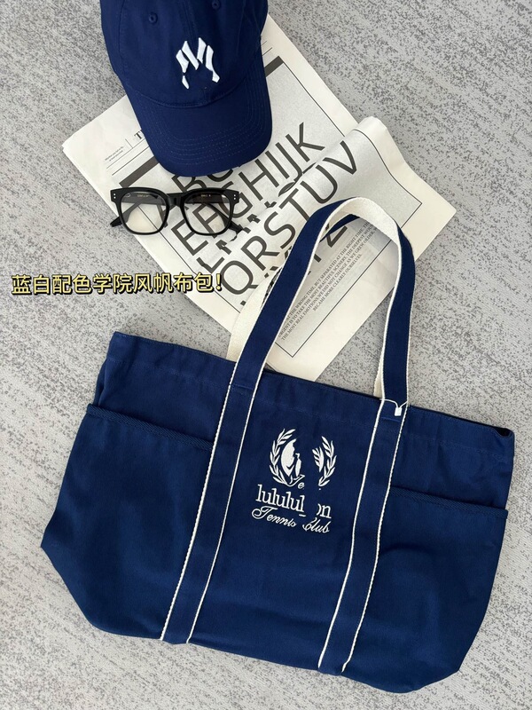ルルバッグ 20L 刺繍トートバッグ トレンド マルチポケット キャンバス テニスバッグ ショルダー ハンドバッグ ネイビーブルー ホワイト|undefined