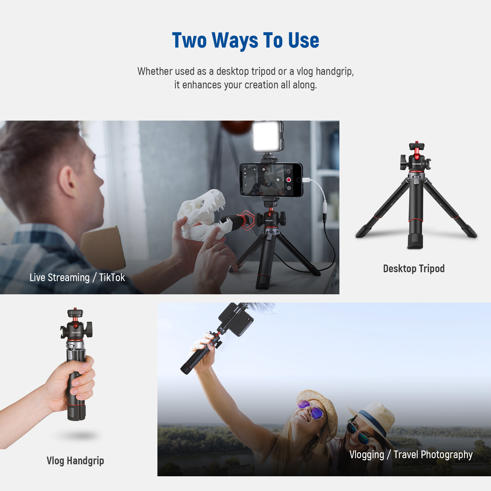 Table tubing, handheld mobile phone, camera, tripod, corner frame