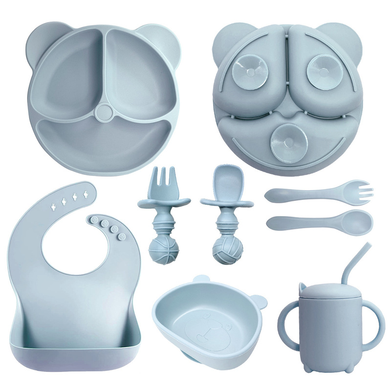 Children's Silicone Dinner Plate Set Mother and Baby Eight-Piece Set Silicone Fork Spoon Bib Learning Drinking Cup Silicone Tableware 8-Piece Set