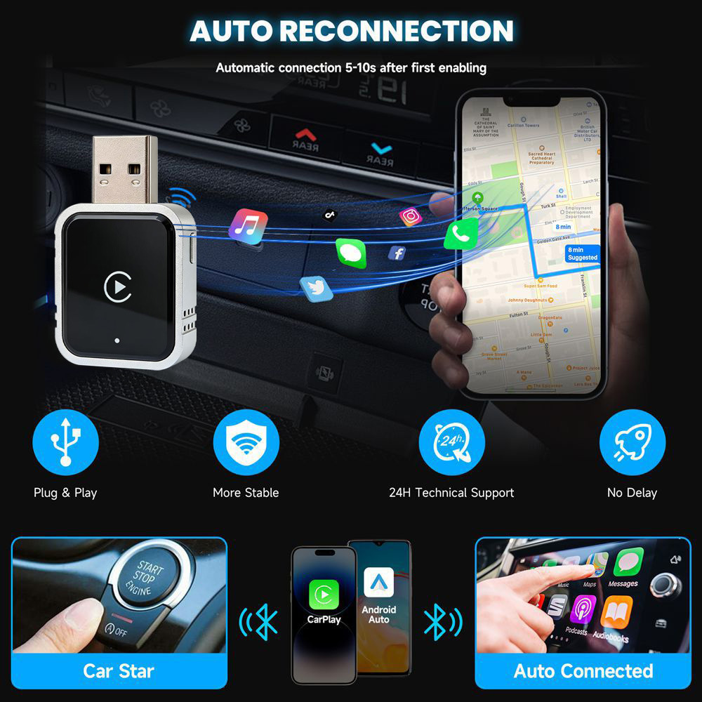 2026 New Cross-Border Model Carplay Box Wired to Wireless Android Auto Two-In-One Car Machine Interconnection Box