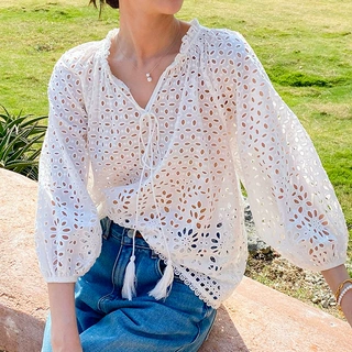 2026春夏新款名媛风南法度假刺绣上衣女夏法式白衬衣女跨境女装