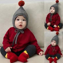 ins冬季男女宝宝可爱球球针织护耳帽子婴幼儿圣诞红色精灵毛线帽
