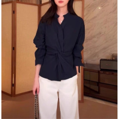 设计感柔感莱赛尔长绒棉混纺扭结设计收腰两穿衬衫女2025秋季新款