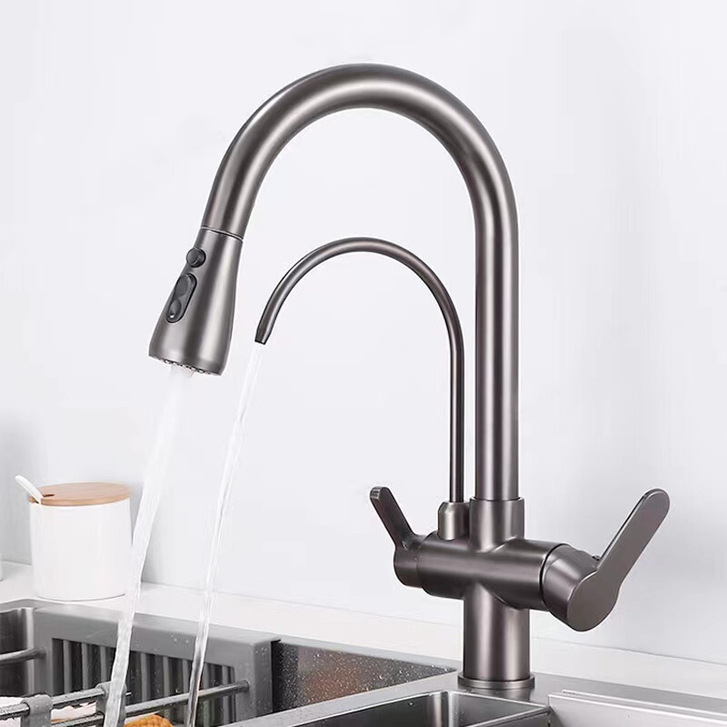 Cross-border all-copper pull-out hot and cold water purification three-in-one kitchen faucet rotating vegetable basin purified water direct drinking faucet