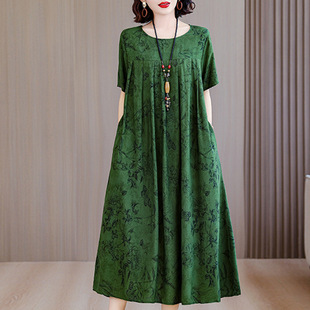 Summer 2025 New Mother Short-sleeved Artificial Cotton dress plus size Middle-aged Women's Mid-length Over-the-knee Cotton Silk Dress