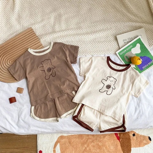 ins Korean style summer male and female baby two-piece set cute cartoon waving bear short-sleeved shorts home clothes set