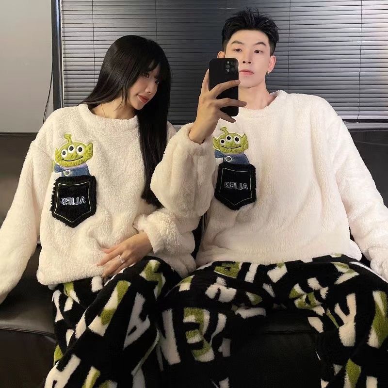 커플의 가을과 겨울 산호 양털 파자마 여성의 겨울 두꺼운 기모 플란넬 2024 새로운 남자 홈 옷