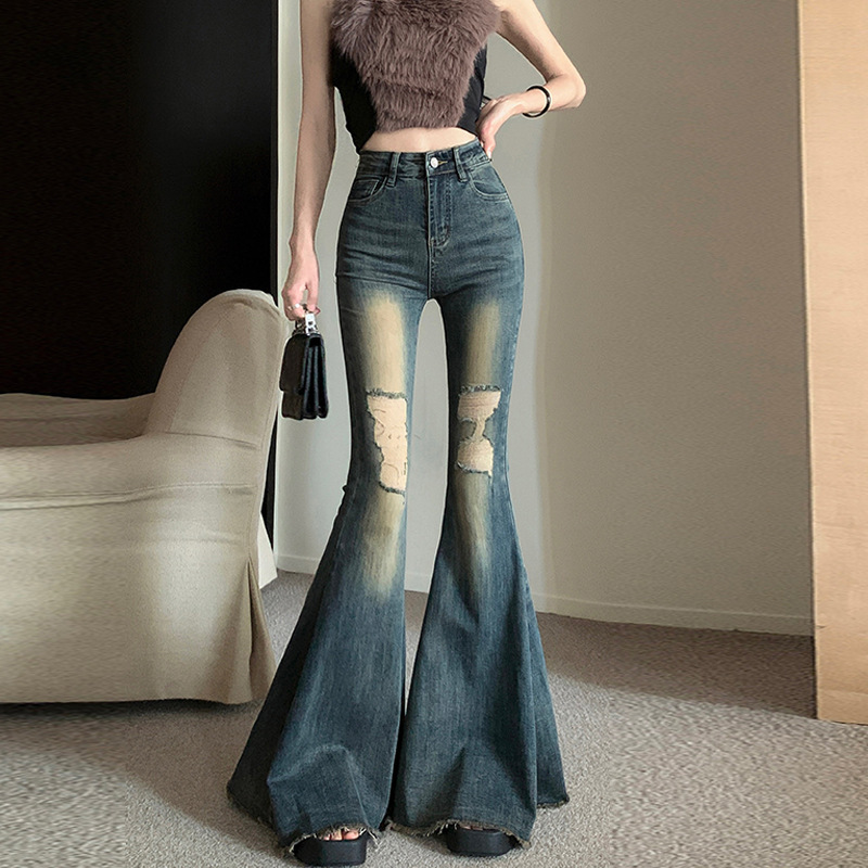 Fishtail Big Bell Pants Ripped Jeans Women 2024 New American High Street Bell Pants High Waist Slimming