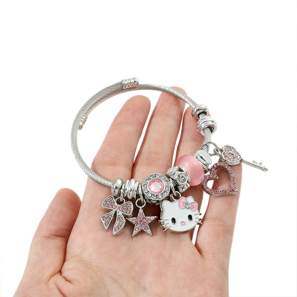 Браслет (Hello Kitty) Sanrio DIY бисерная подвесная браслетка, розовый и серебристый тон, компактный размер подарка