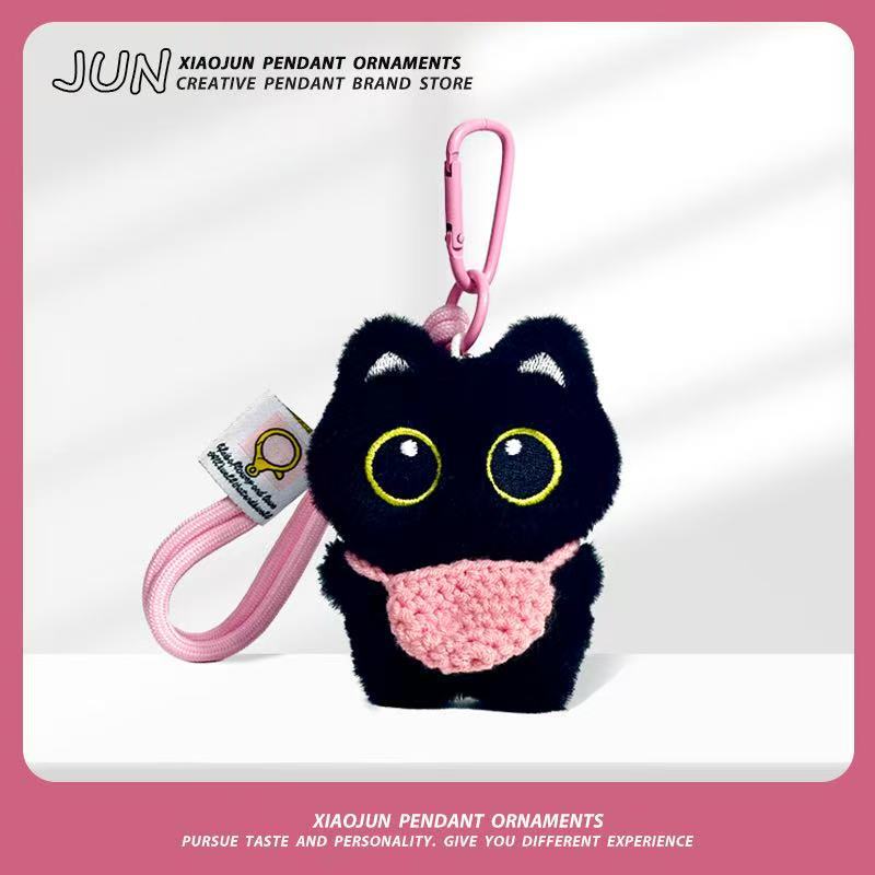 Caricatura super lindo pequeño gato negro personalidad lindo muñeca de peluche tejido a mano colgante regalo para un buen amigo
