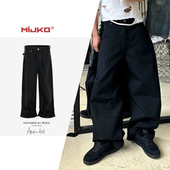 MIJKO男装女纯黑BAGGY牛仔裤男女同款宽筒长裤中性阔脚纽扣门襟潮