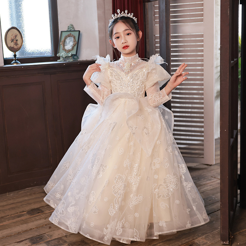 Prinzessinnenkleid für Mädchen, langärmelig, aus Baumwolle und Polyester, ideal für Blumenmädchen, Hochzeiten, Modenschauen, Klavierauftritte, geeignet für Kinder von 0-24 Monaten_voghion.com