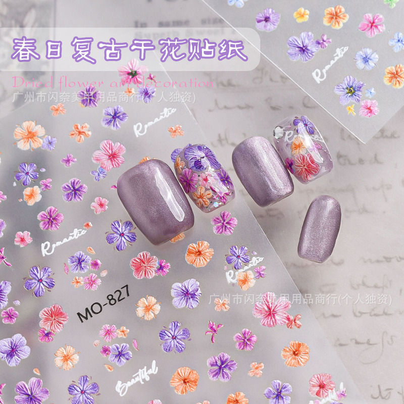 Artificial dried flower nail stickers, floral petals, Japanese-style flower embossed nail decals, three-dimensional gradient color