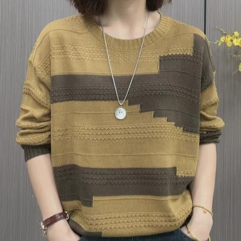 2025早秋季新款洋气拼色圆领妈妈装毛衣女休闲百搭针织衫长袖上衣