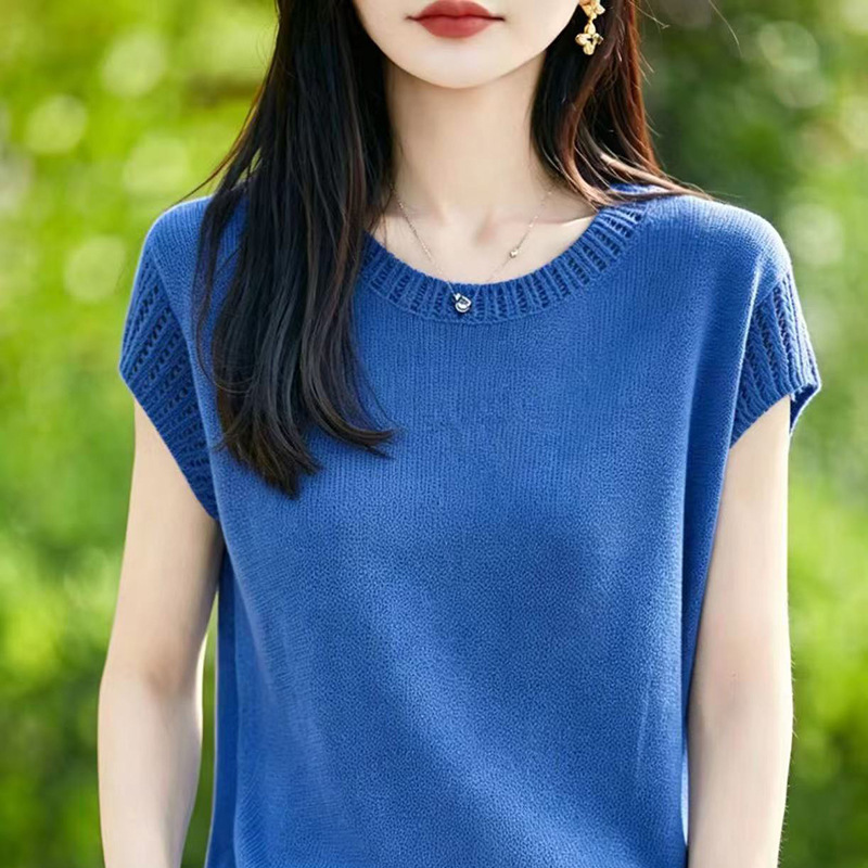 Women's New Spring and Summer Tencel Linen Round Neck Knit Top with Small Flutter Sleeves, Short Sleeves, Solid Color, Hollow-Out Design, Base Shirt, T-Shirt, Trendy Women's New Spring and Summer Tencel Linen Round Neck Knit Top with Small Flutter Sleeves, Short Sleeves, Solid Color, Hollow-Out Design, Base Shirt, T-Shirt, Trendy